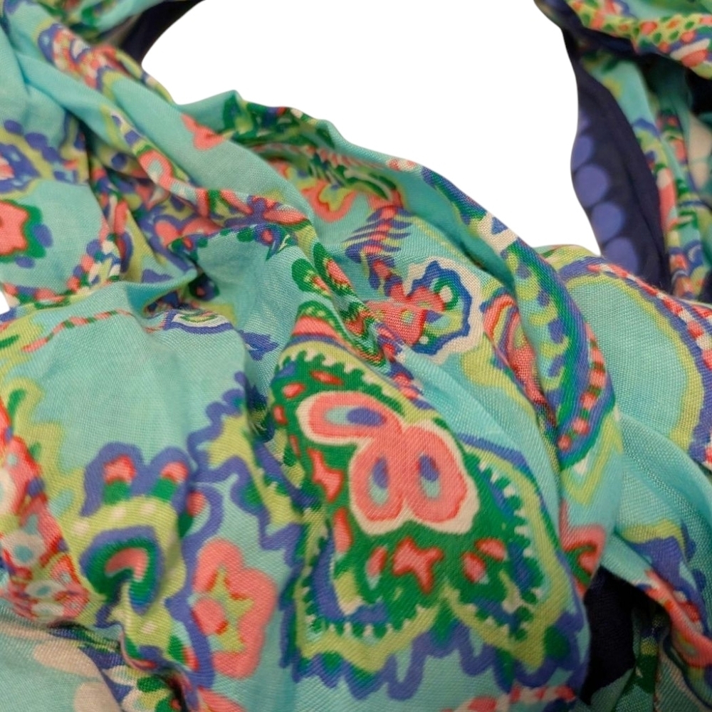 TALBOTS Colorful Oblong Floral Scarf Navy Blue Aqua Green Coral Pink 72x27 New - Picture 2 of 12